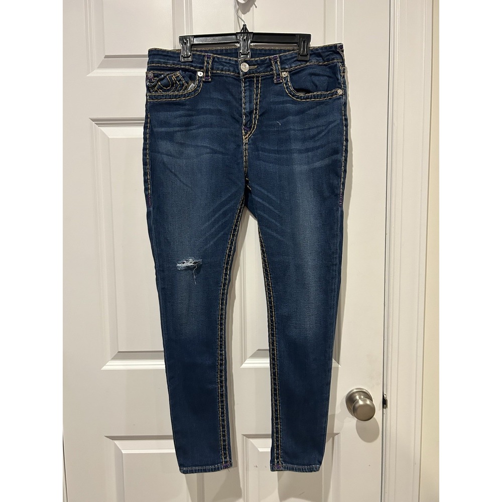 True Religion Super T Skinny Jeans Womens 34 Distressed Indigo Blue Flap Pocket